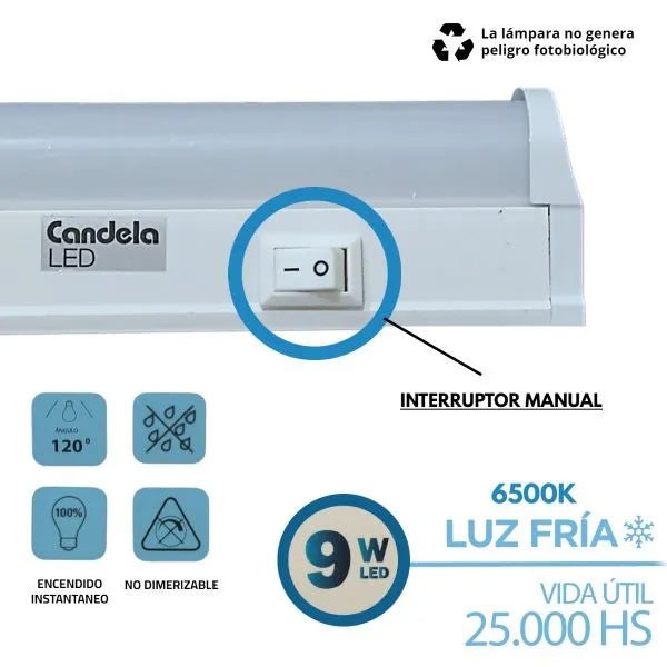 Listón Tubo Bajo Mesada 9w 60cm Con Tecla Luz Fría Candela