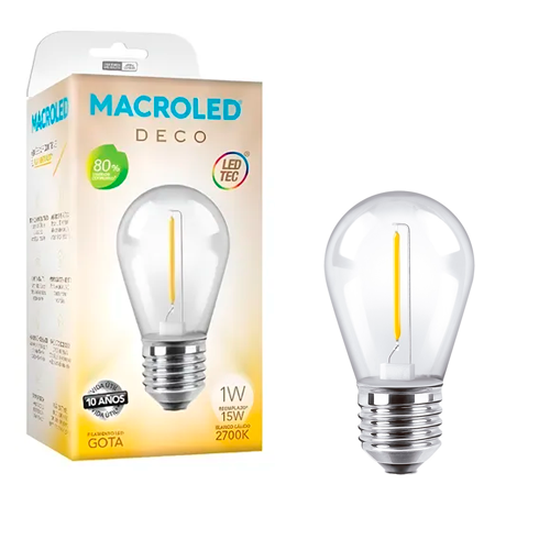 Lámpara Gota Led Filamento 1w E27 Luz Calida Macroled